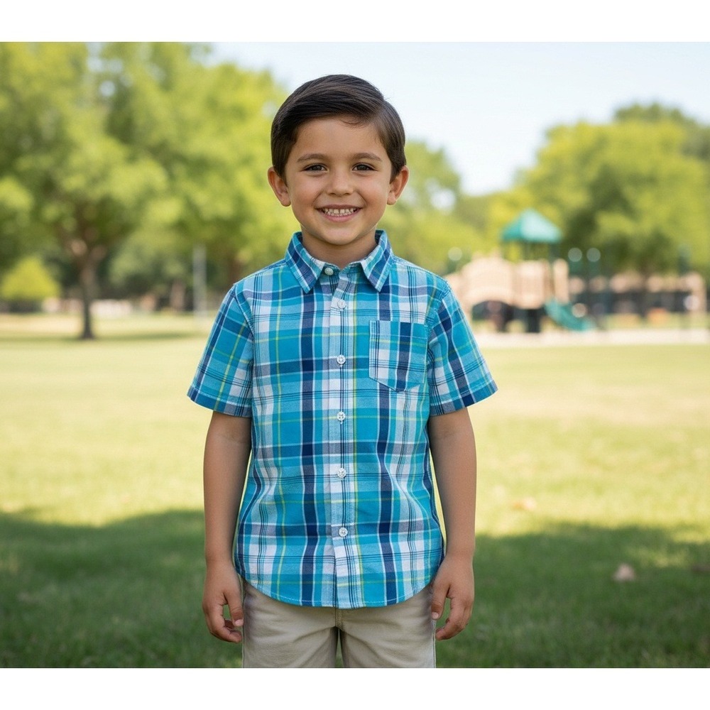 French‎ Toast Little Boys Blue Green Plaid Short Sleeve Button Down Shirt Sz 8
